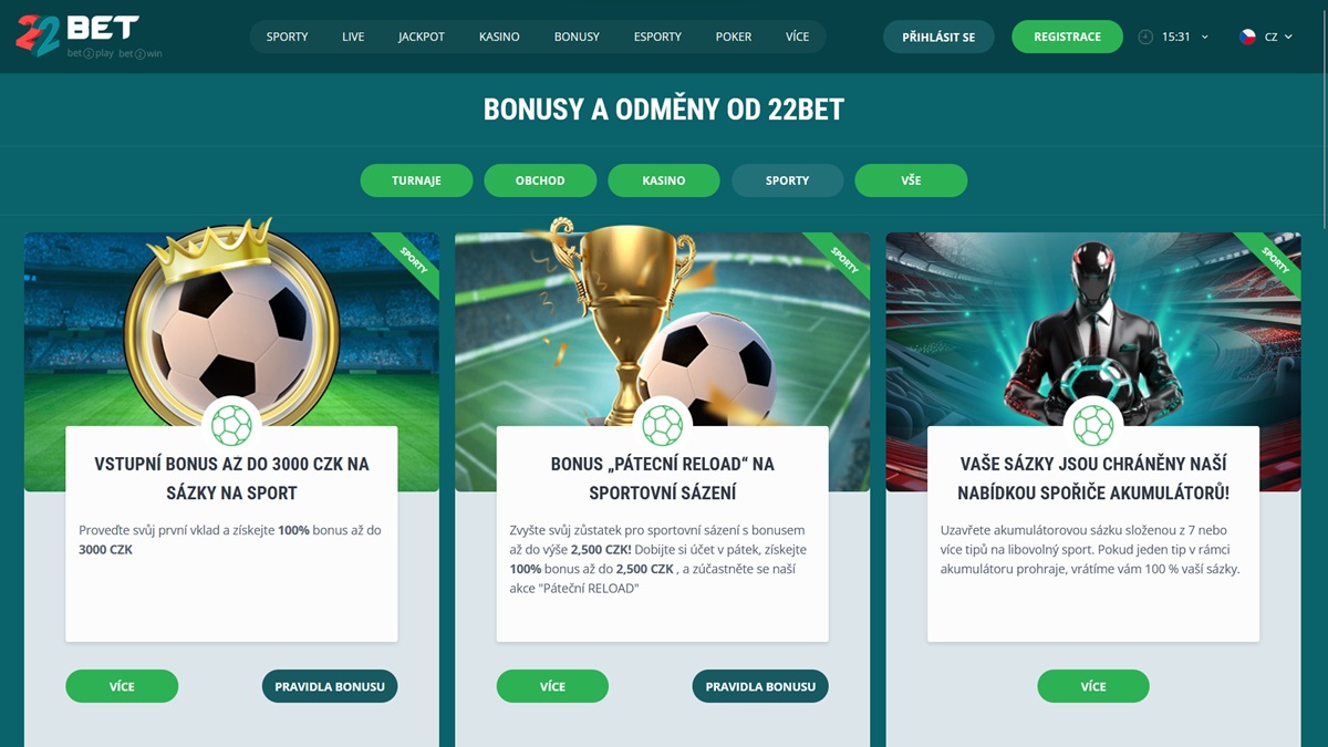 22BET sázková kancelář náhled webu