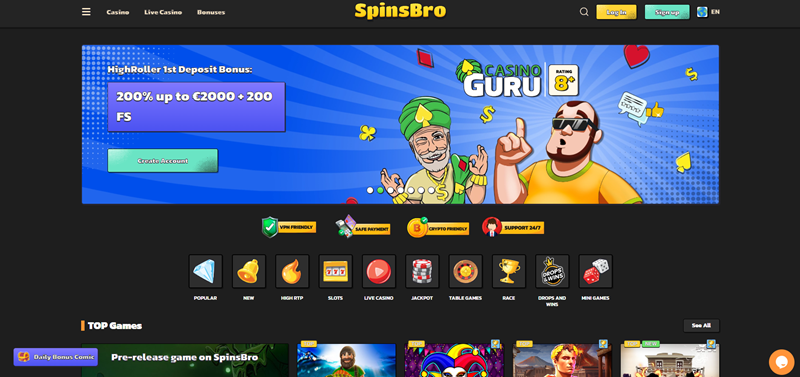 SpinsBro casino úvodní stránka