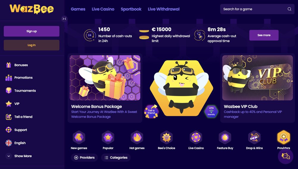 WazBee casino homepage
