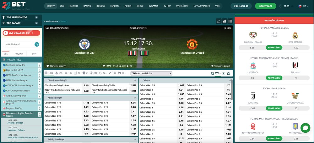 Sázení na počet branek ve fotbale v sázkové kanceláři 22BET