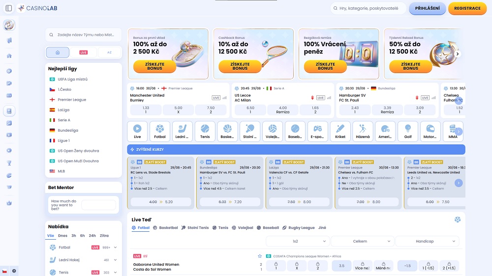Náhled kurzové nabídky v sázkové kanceláři CasinoLab