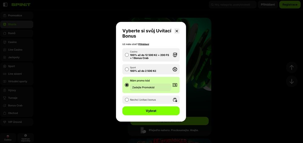 Pole pro zadání promo kódu v casinu Spinit
