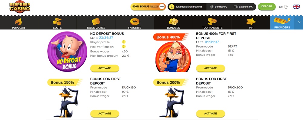 No deposit bonus v Beep Beep Casino