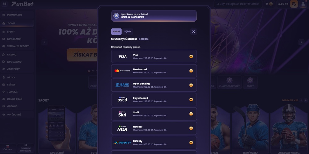 FunBet vklad a výběr peněz 