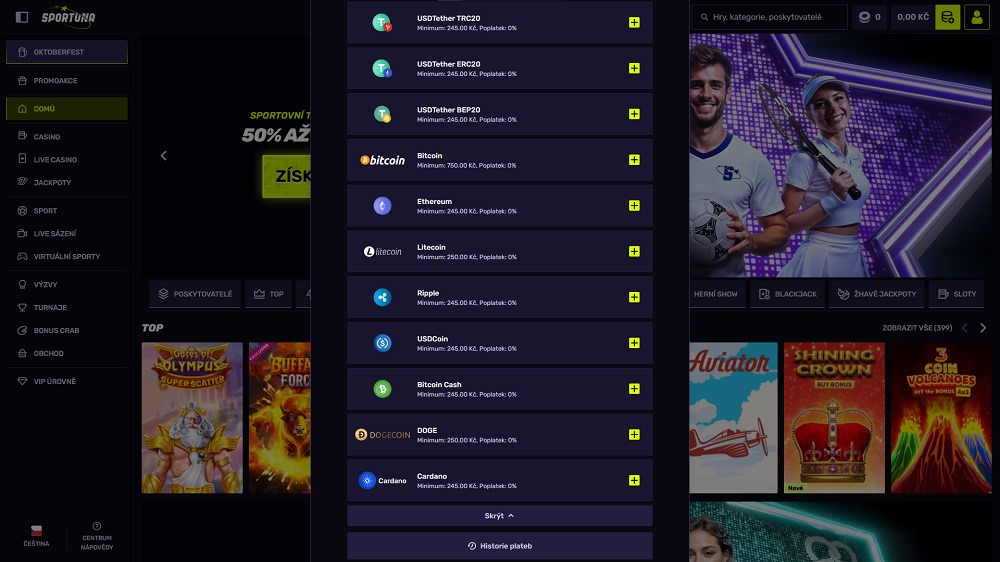 Náhled selekce kryptoměn pro vklady v online casinu a sázkové kanceláři Sportuna