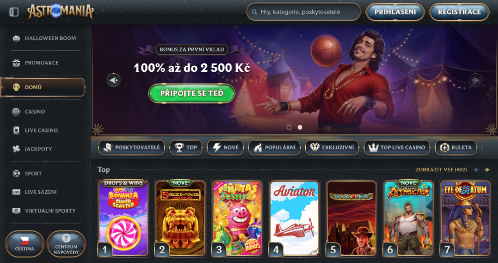 AstroMania casino úvodní obrazovka