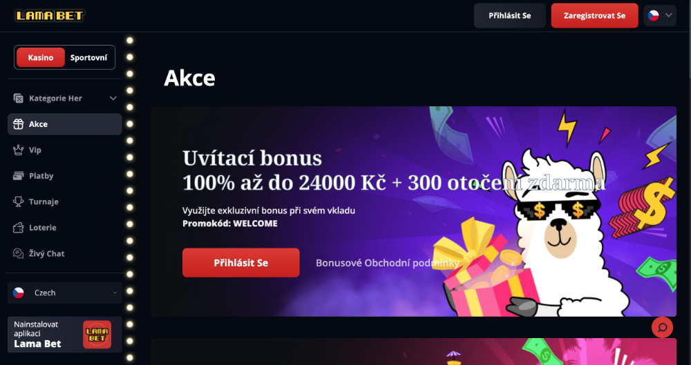Promoakce v casinu Lamabet Vstupní bonus 24 000 Kč + 300 free spinů úvodní