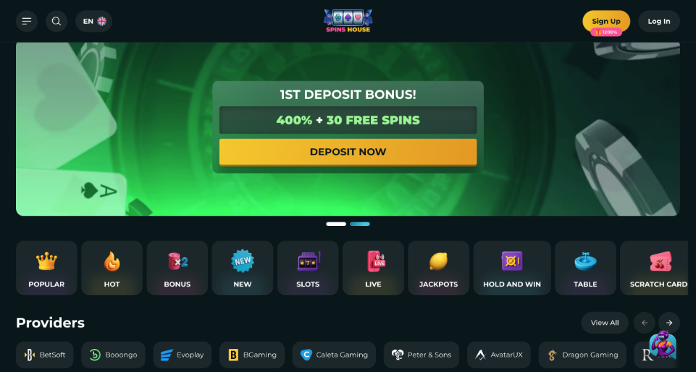 SpinsHouse casino úvodní