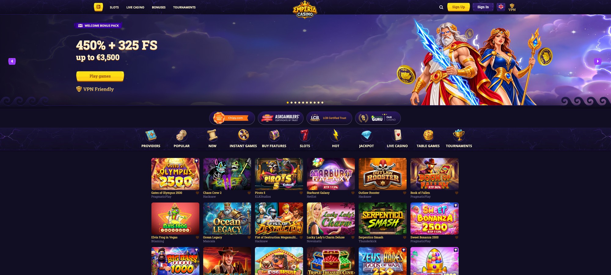 Emperia Casino – úvodní stránka casina