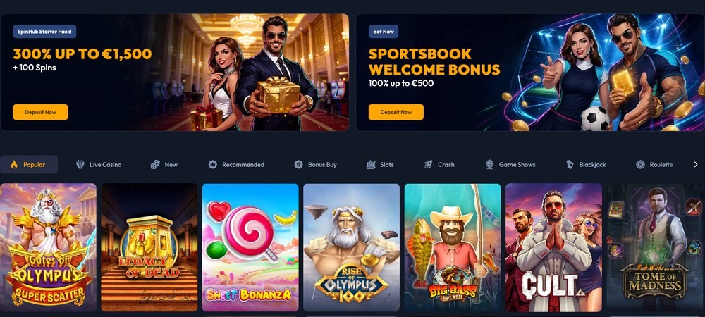 SpinHub – úvodní stránka casina